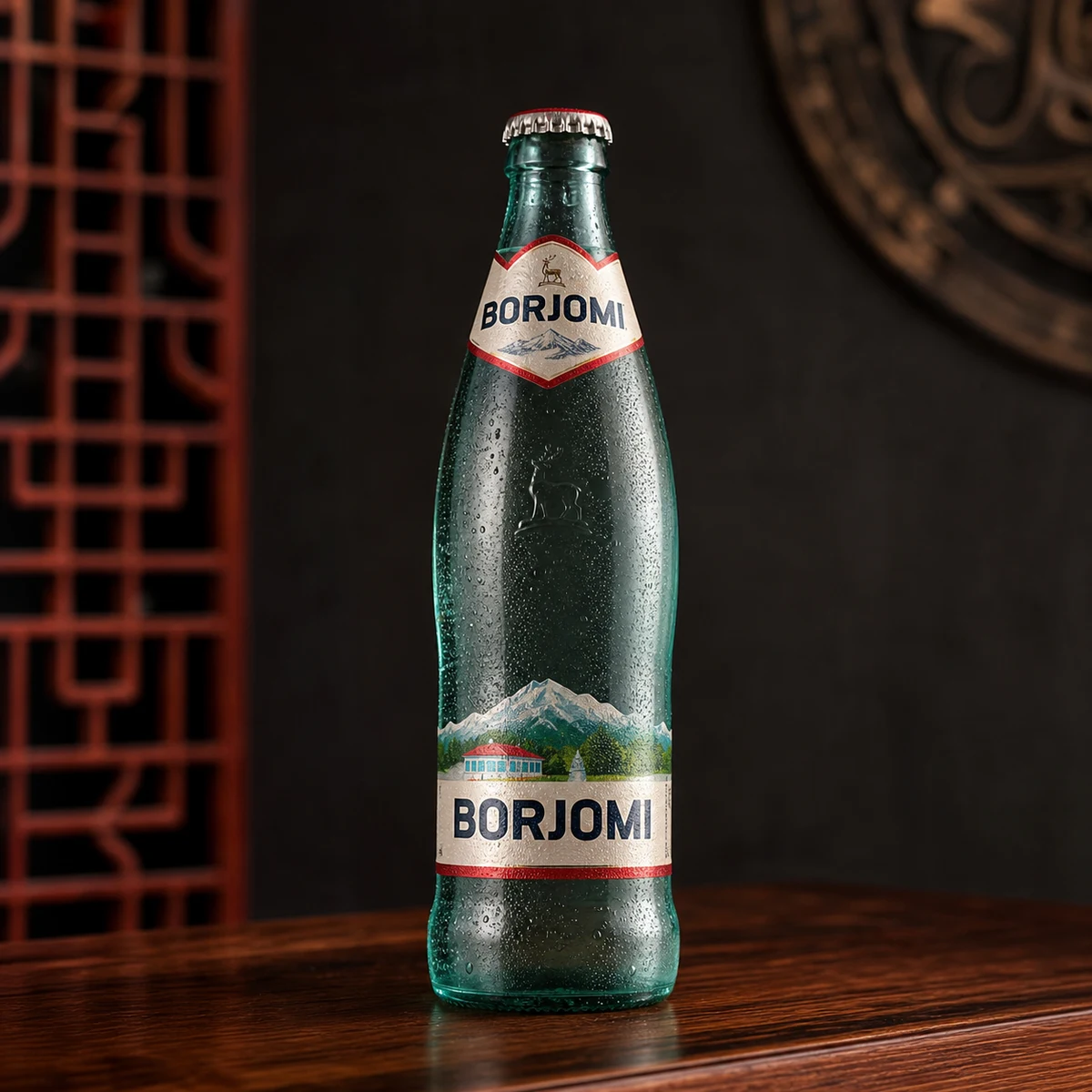 Охлаждённая стеклянная бутылка минеральной воды Borjomi